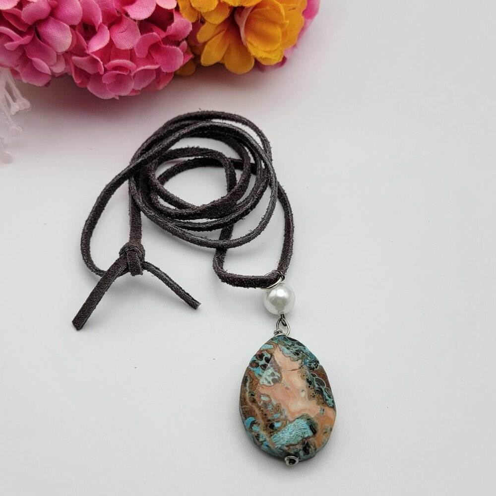 Ocean Jasper Pendant Leather Cord Necklace 31 Inch Tie Boho Multicolor Teardrop